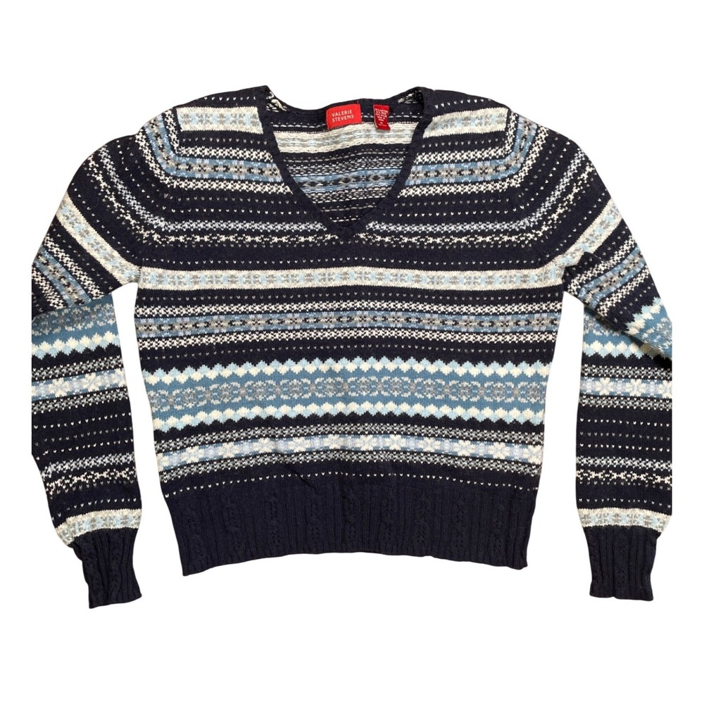 Valerie Stevens Fair Isle V‎ Neck Sweater Navy Blue White Light Blue Women's
